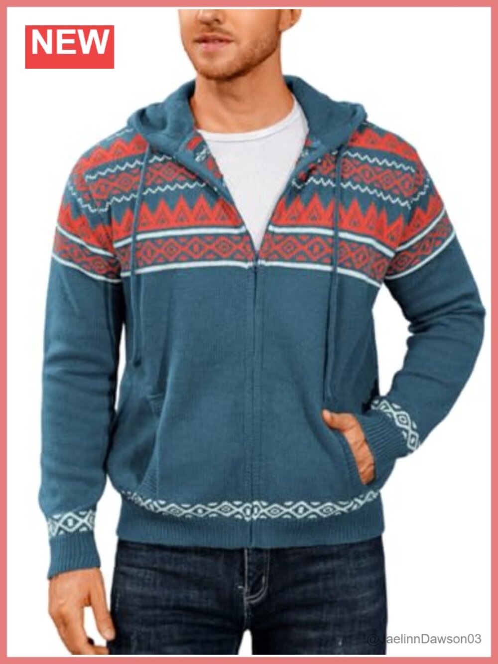 Fair Isle Cardigan Sweater Zip Up Hoodie Men Casual Knit Sweatshirt